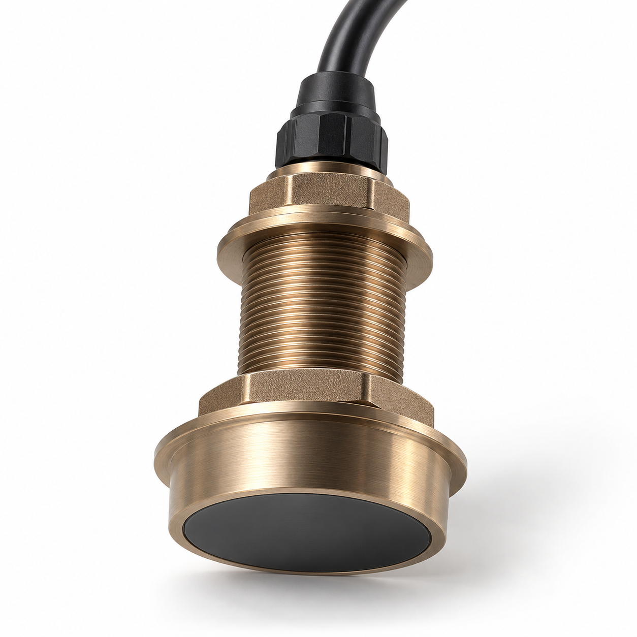 Bronze through-hull depth transducer with a black acoustic face.