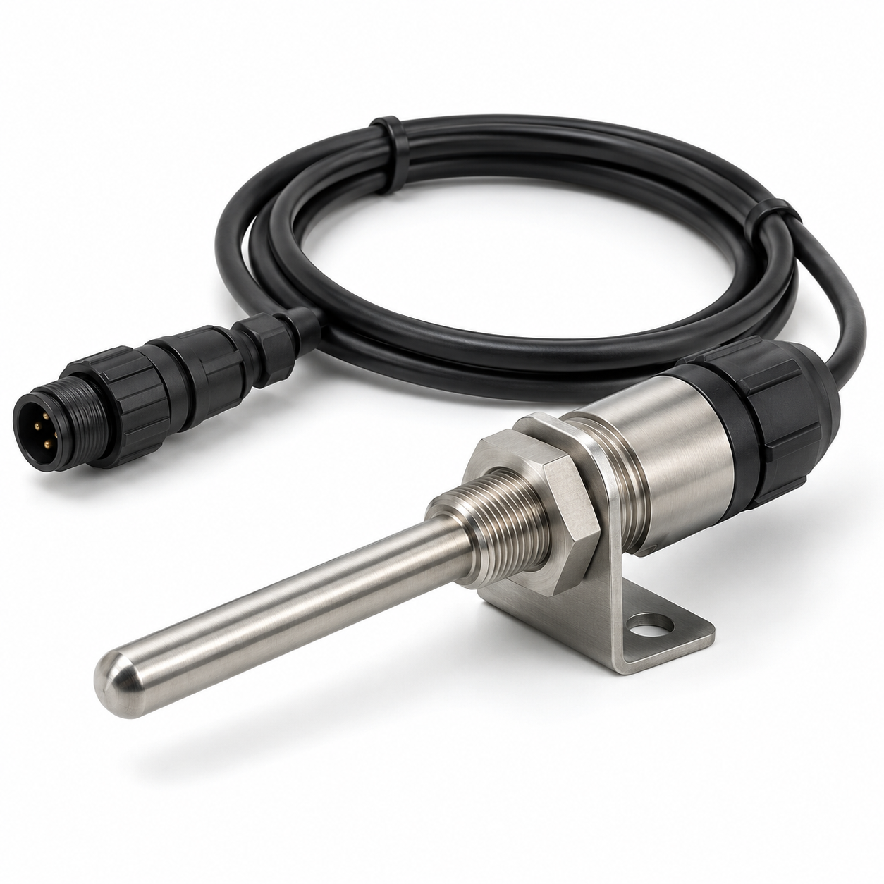Stainless probe temperature sensor with a sealed connector, for a fish-hold compartment.