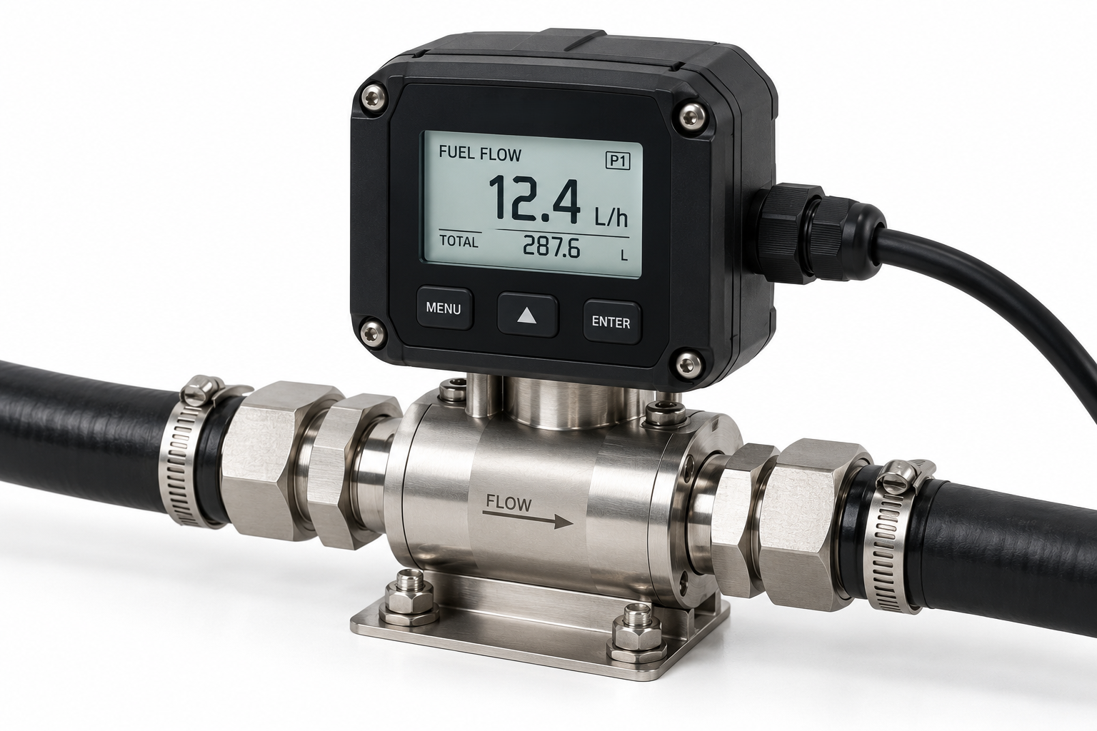 Fuel-flow meter on a diesel line, with a display reading litres per hour and total litres.