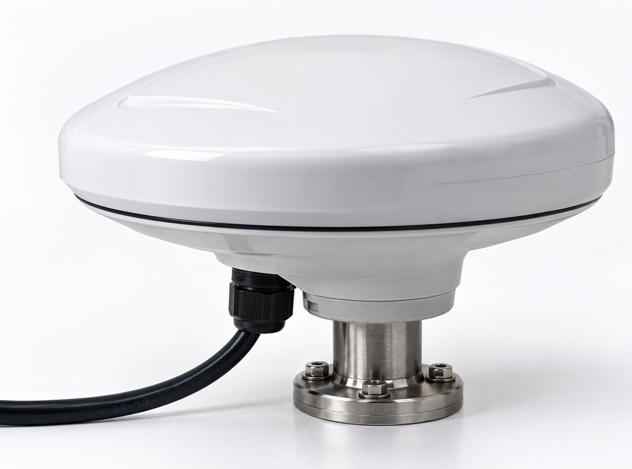 White marine GNSS antenna on a stainless mounting flange, with a sealed cable gland.