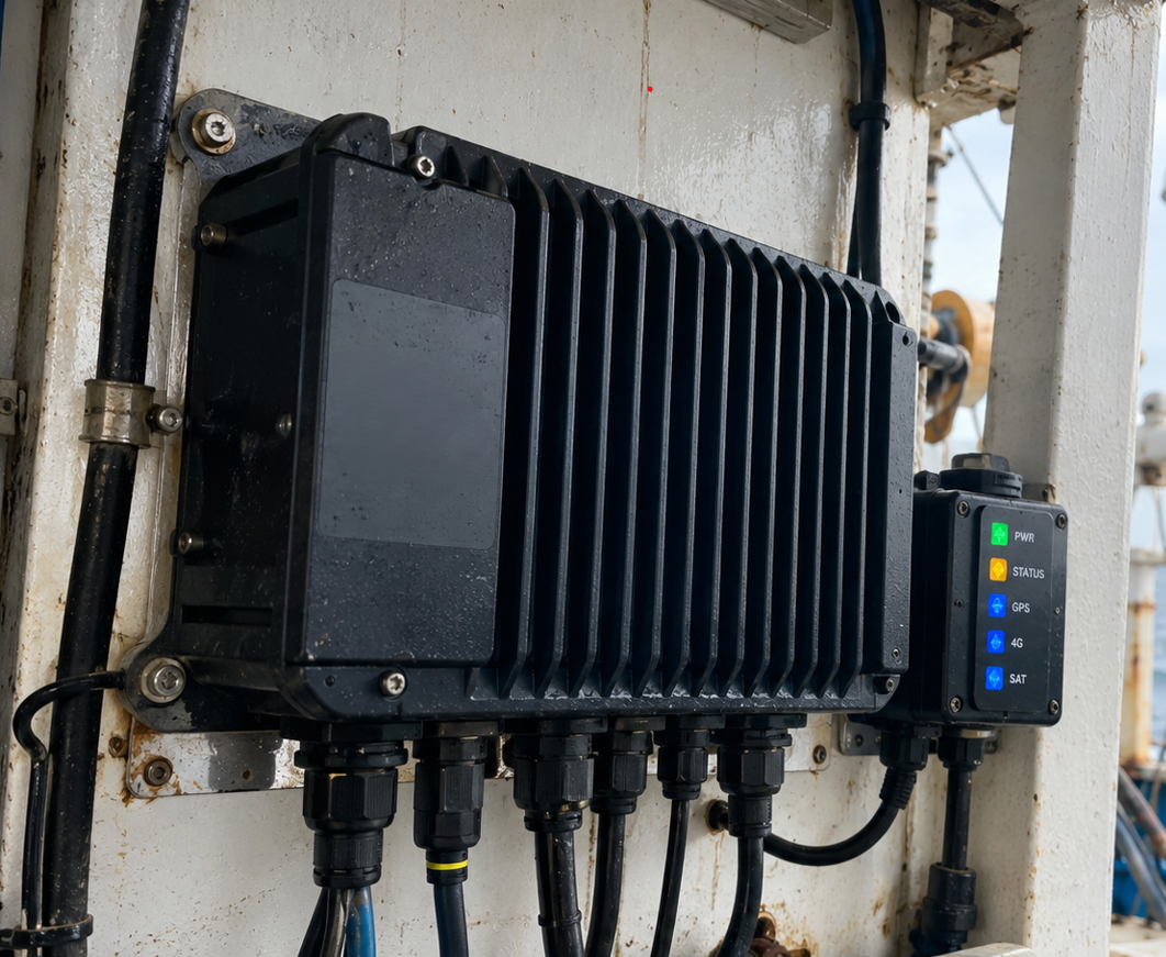 Marine IoT edge controller with cable glands and a status panel for power, GPS, and connectivity, mounted on a vessel bulkhead.