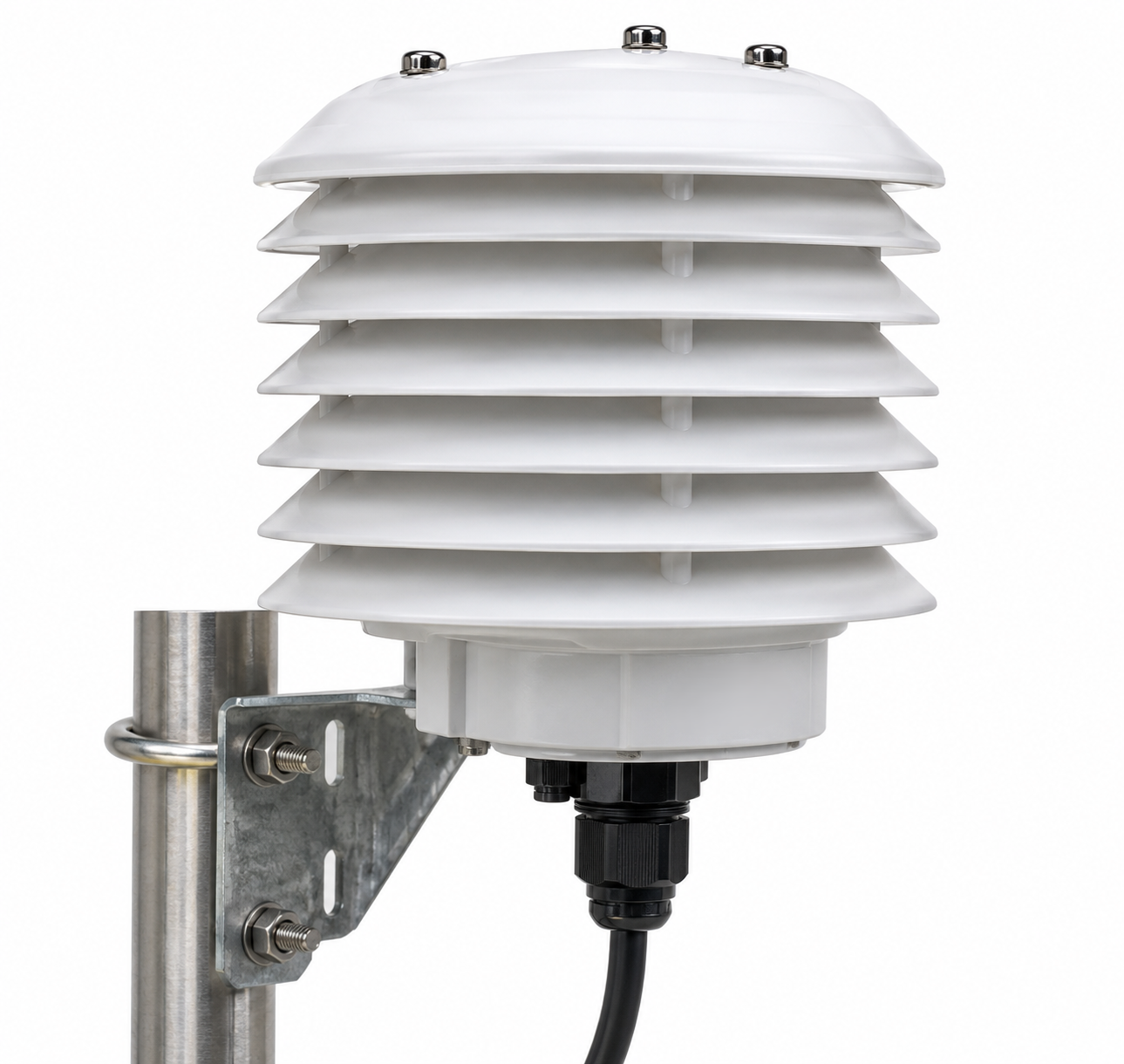 White louvered temperature and humidity sensor on a stainless pole bracket.