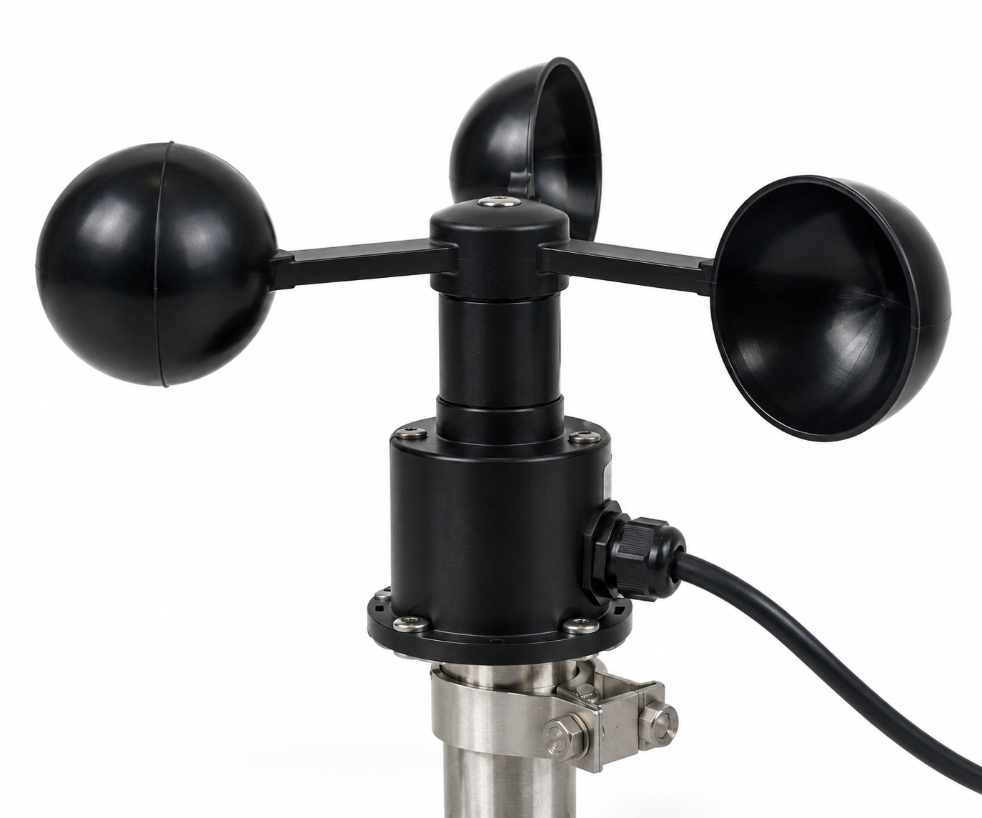 Three-cup marine anemometer on a stainless mast clamp.