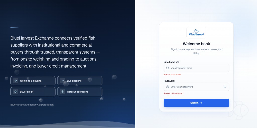 BlueHarvest Exchange digital fish trading platform login screen preview